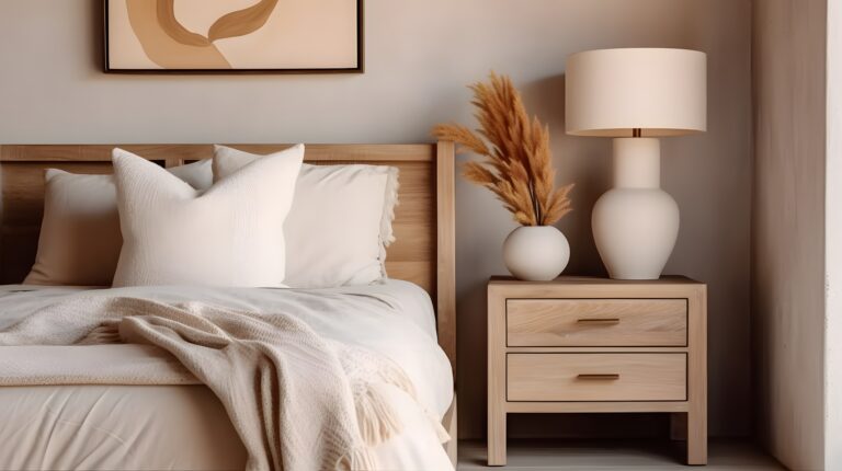 Rustic bedside cabinet near bed with beige pillows. Farmhouse interior design of modern bedroom.